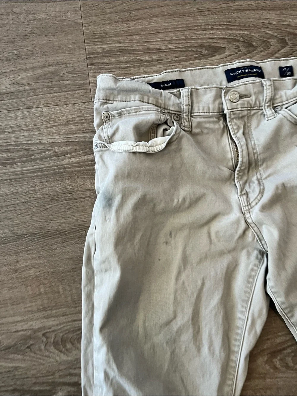 Lucky Brand 121 Slim Khaki Jeans Mens 33x30 Tan Stretch Denim Pants Distressed